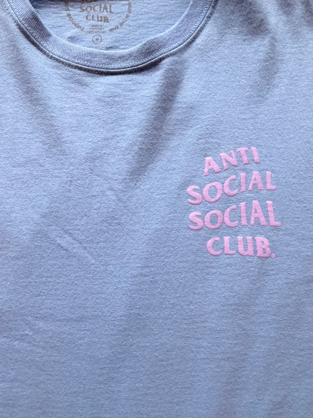 Anti Social Social Club Tee — Medium, Dusty Blue, Pink Chest